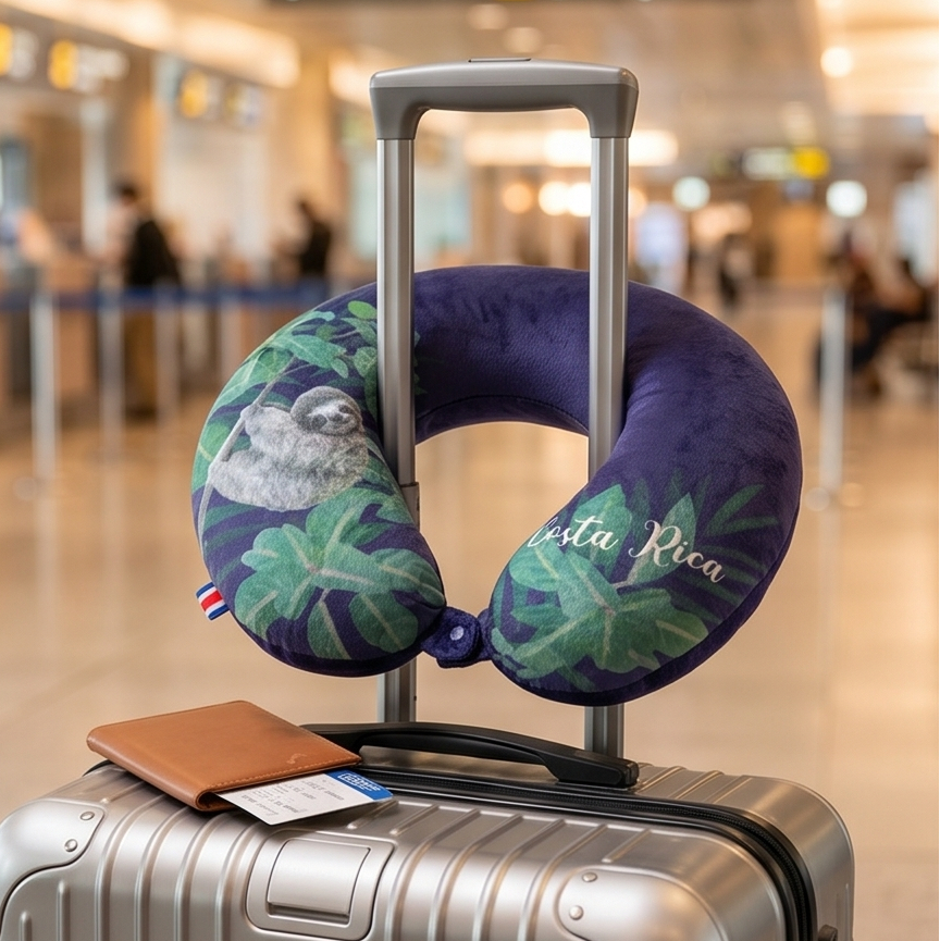 Neck pillow with Costa Rica design on a suitcase at an airport.