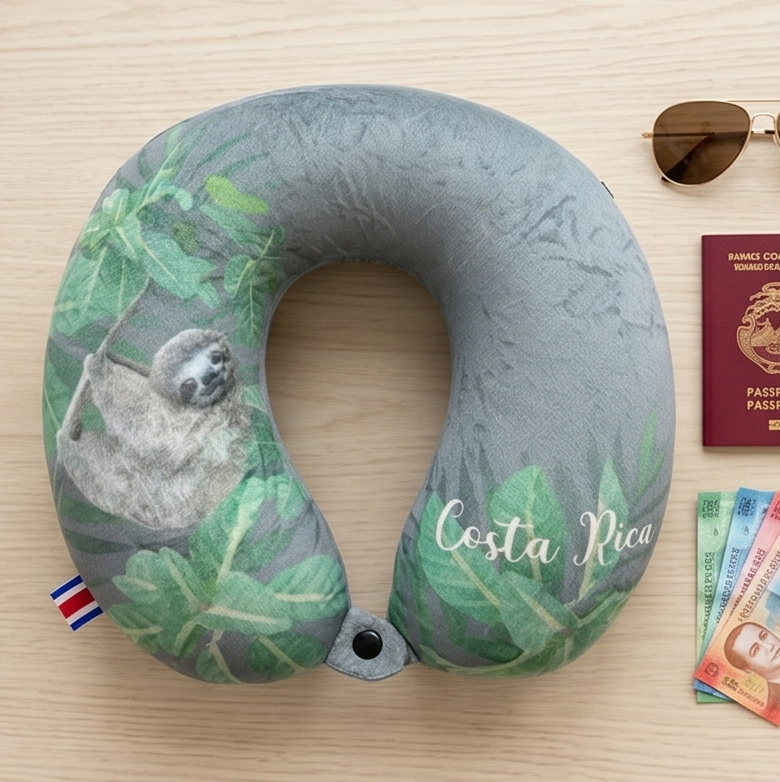 Neck pillow with Costa Rica design, sunglasses, passport, and money on a light wooden surface