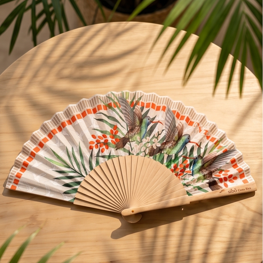 Decorative hand fan with hummingbird and a floral design on a wooden table with green leaves in the background