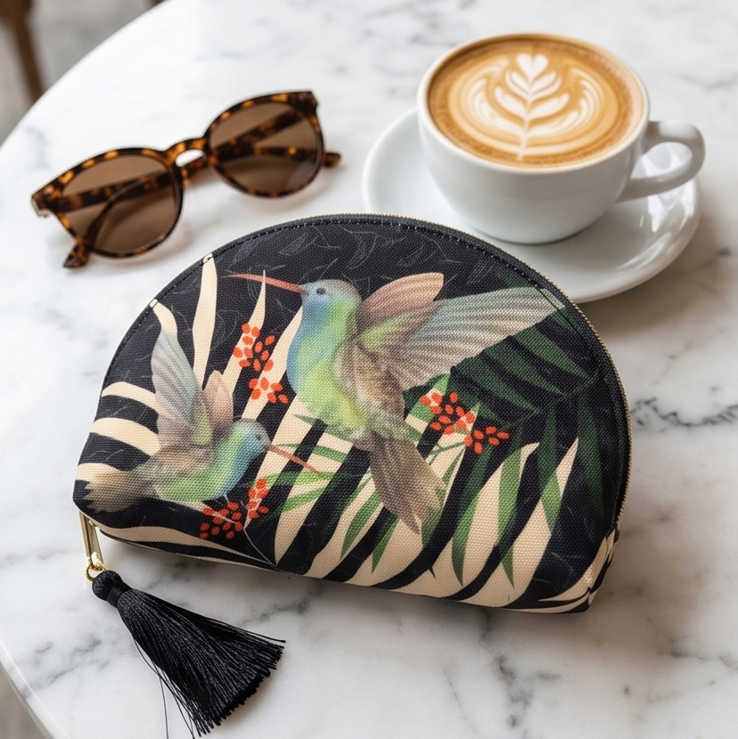 Cozy pouch with bird design, sunglasses, and coffee on a marble table
