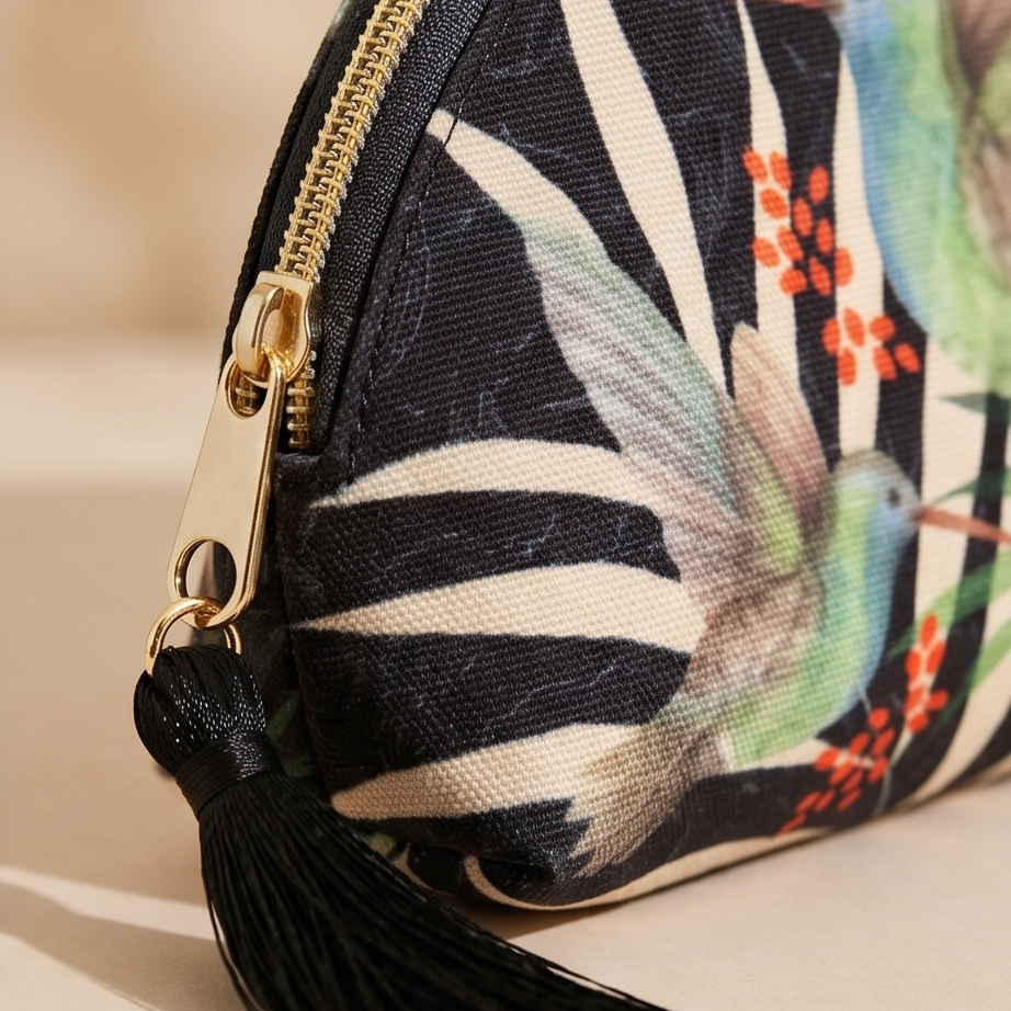 Small pouch with bird and floral design on a beige background