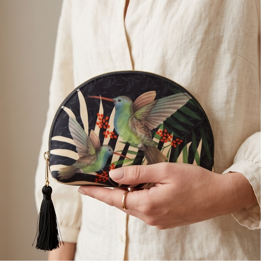Person holding a round clutch with bird design and tassel