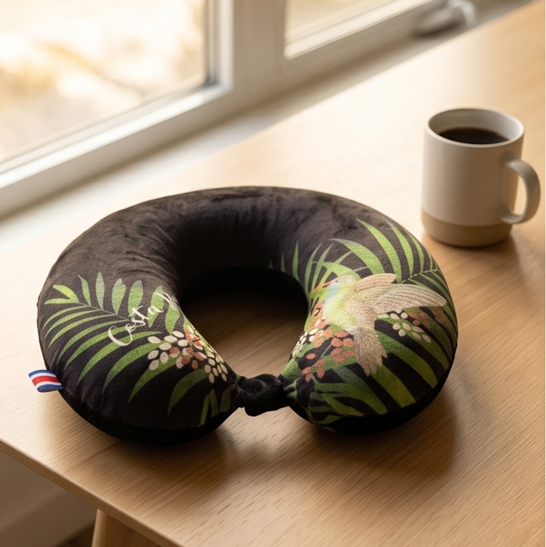 Humming bird patterned neck pillow on a wooden table with a cup of coffee and window in the background