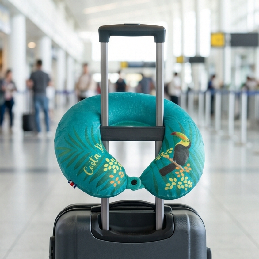 Turquoise neck pillow with toucan design attached to a suitcase in an airport.