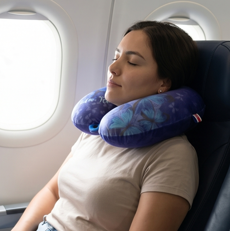 Woman using a travel neck pillow on an airplane