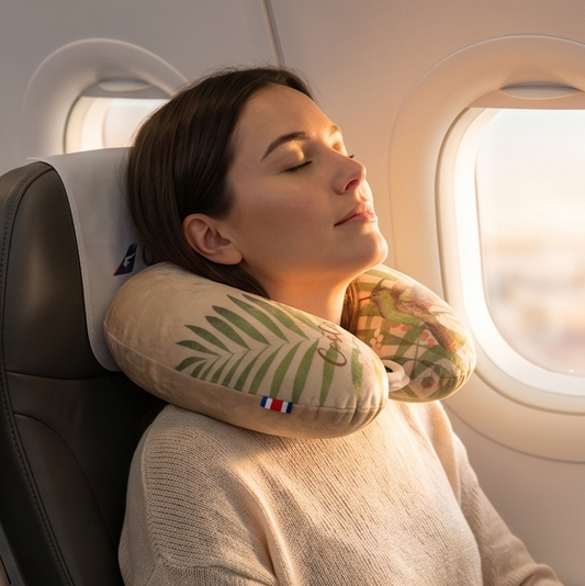 Woman using a humming bird patterned neck pillow on an airplane