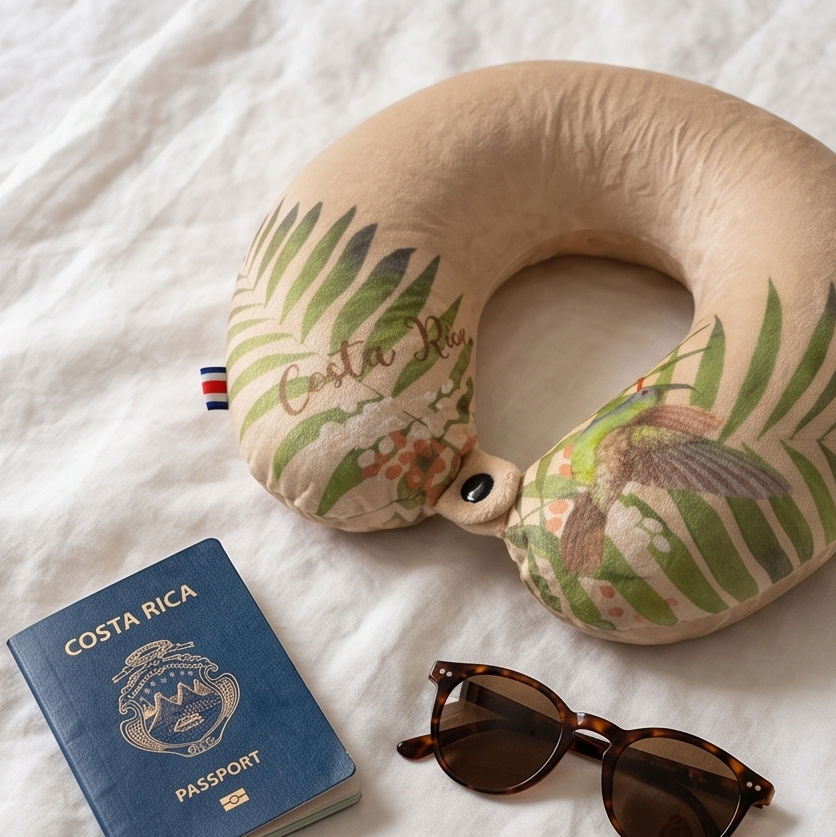 Neck pillow with Costa Rican design, passport, and sunglasses on a white surface