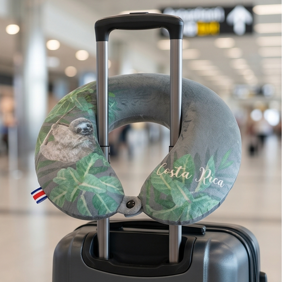 Travel pillow with sloth design on a suitcase handle in an airport setting