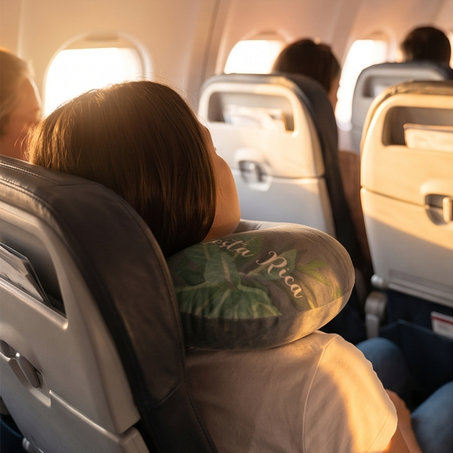 Person sitting in an airplane with a pillow, looking out the window.
