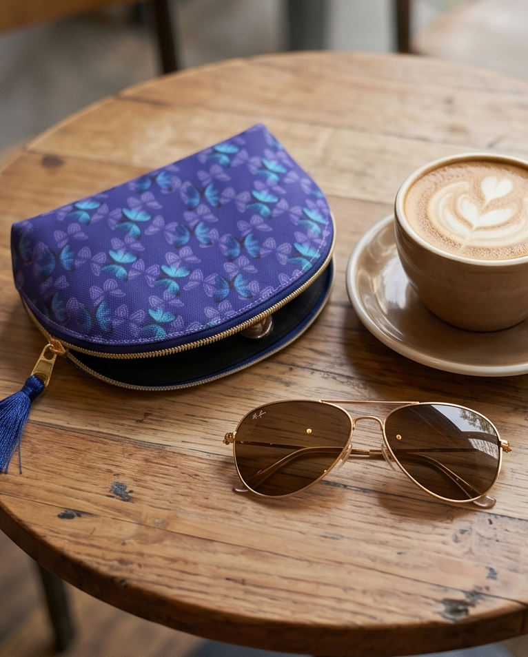 Blue butterfly printed pouch, sunglasses, and a cup of coffee on a wooden table.